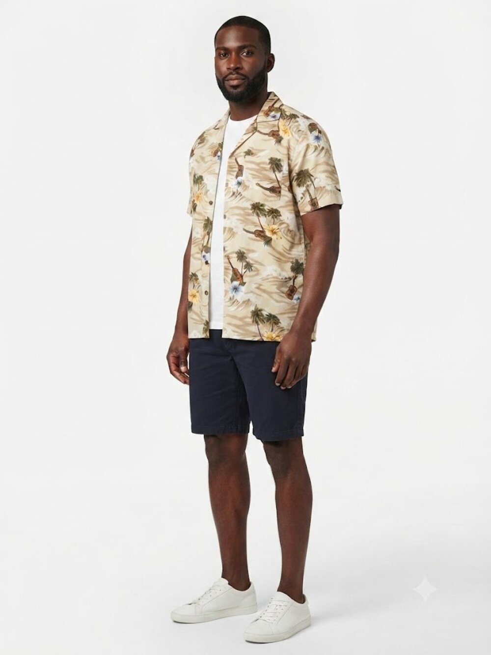 Uluwatu Bali Aloha Shirt Mens M Cream Tropical Ukulele Guitar Hibiscus